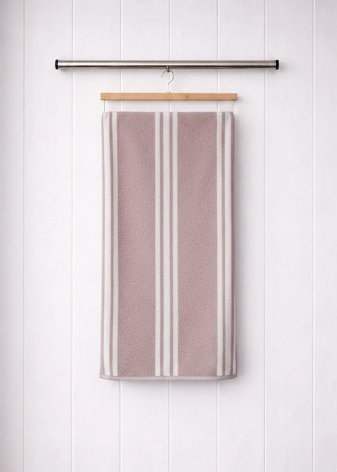 Dusty rose pink and white striped Vorre microfiber bath towel, plush quick-drying personal care towel.