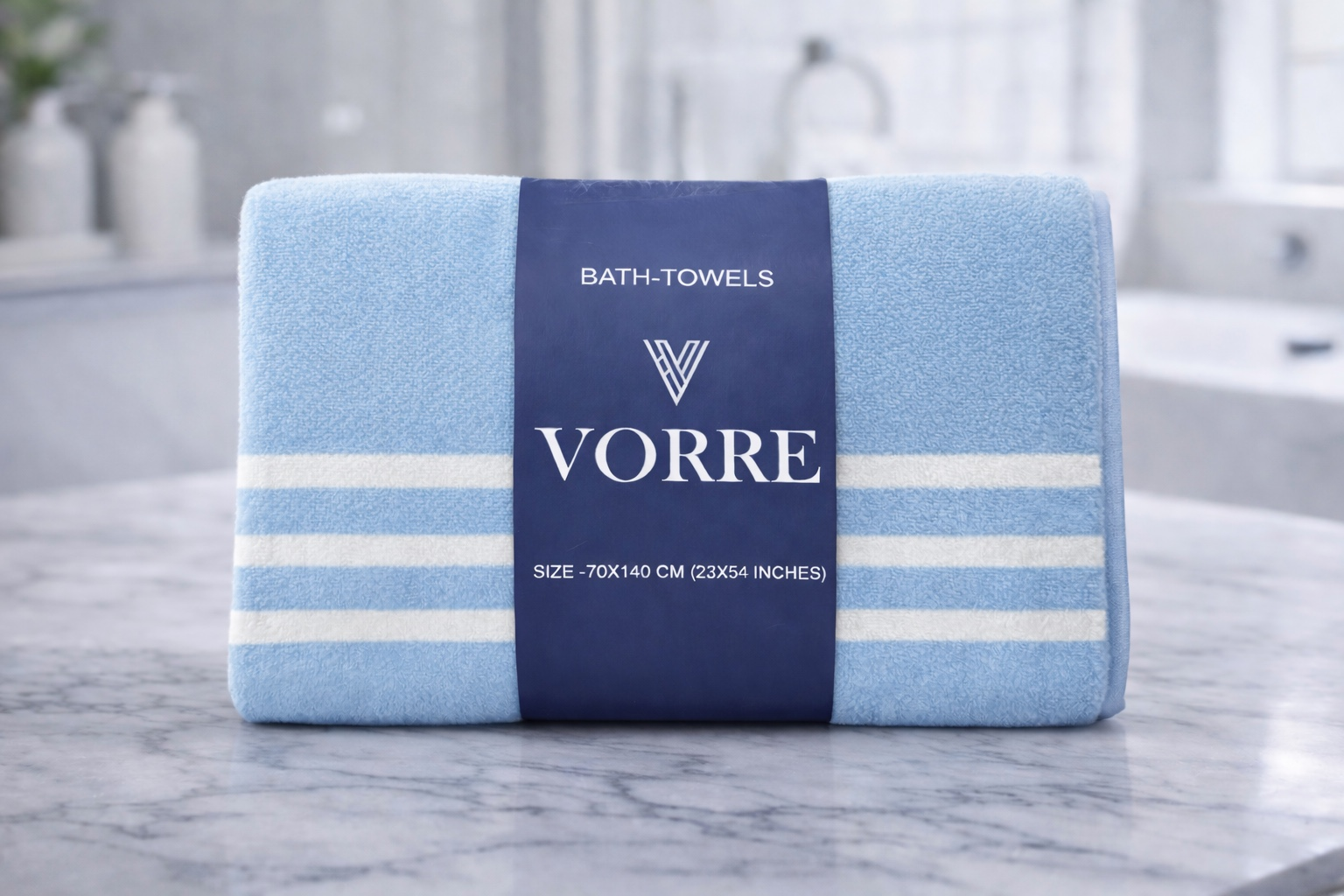 Packaged light blue striped Vorre microfiber bath towel neatly folded and wrapped with a dark blue luxury brand band.