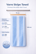 Light blue and white vertical stripe Vorre microfiber bath towel, 280 GSM quick-dry utility towel hanging on a rod.