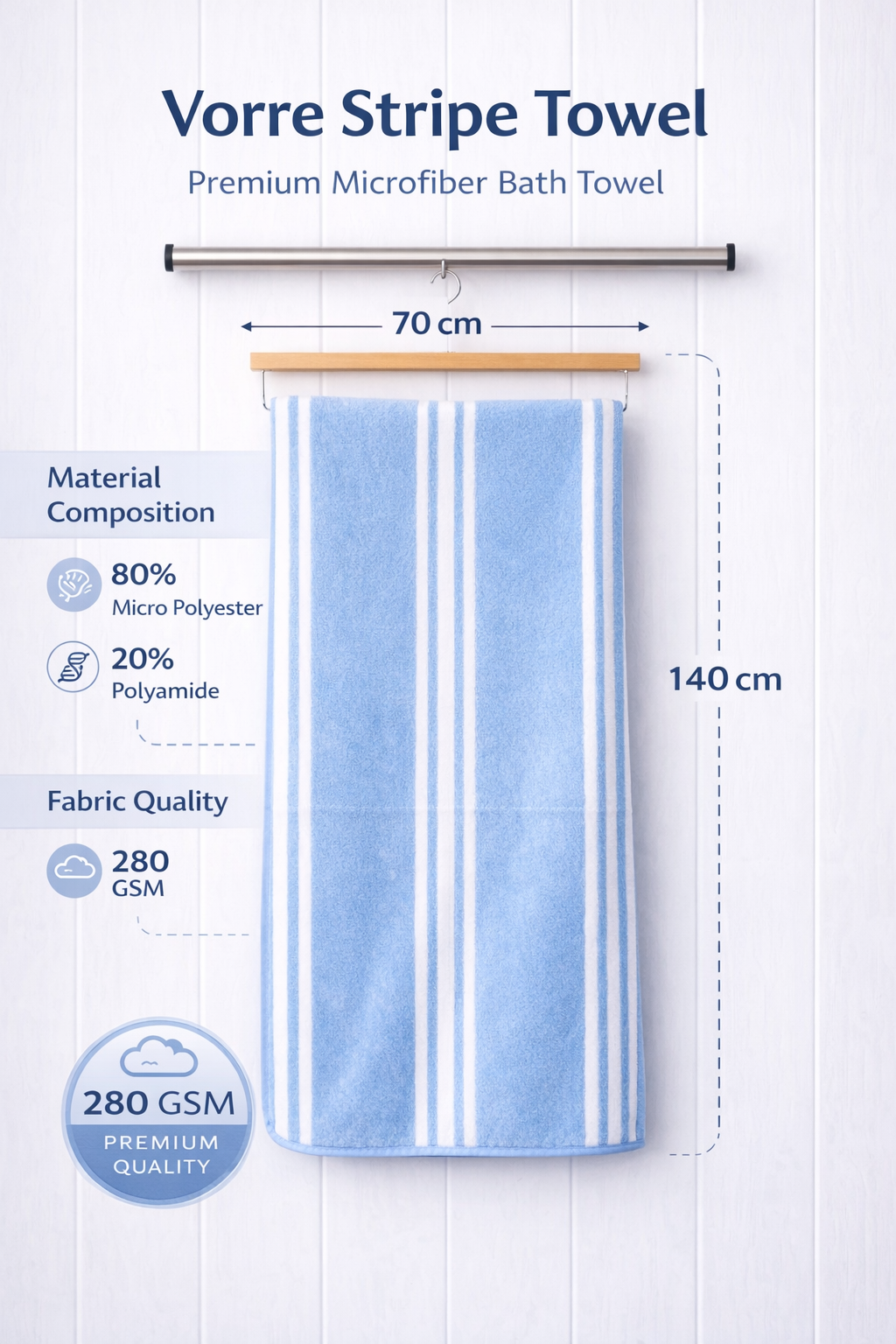 Light blue and white vertical stripe Vorre microfiber bath towel, 280 GSM quick-dry utility towel hanging on a rod.
