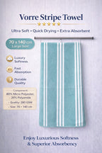 Vorre Stripe Bath Towel features infographic highlighting the 280 GSM lightweight microfiber construction, classic stripe design, and 70x140 cm size specs.