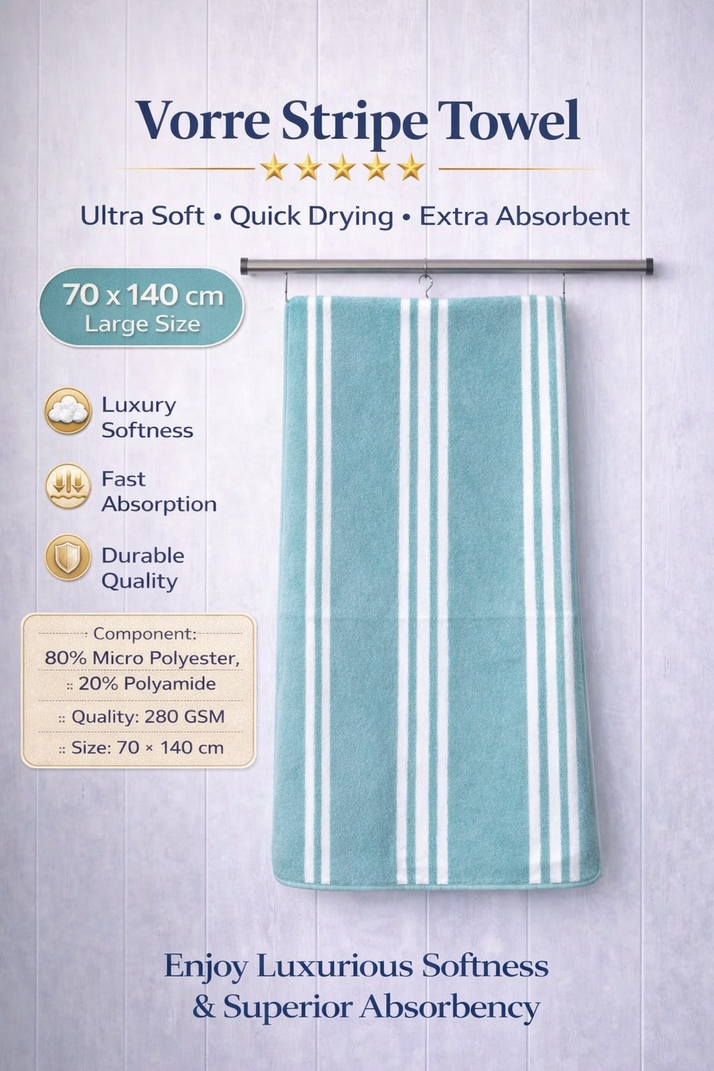 Vorre Stripe Bath Towel features infographic highlighting the 280 GSM lightweight microfiber construction, classic stripe design, and 70x140 cm size specs.