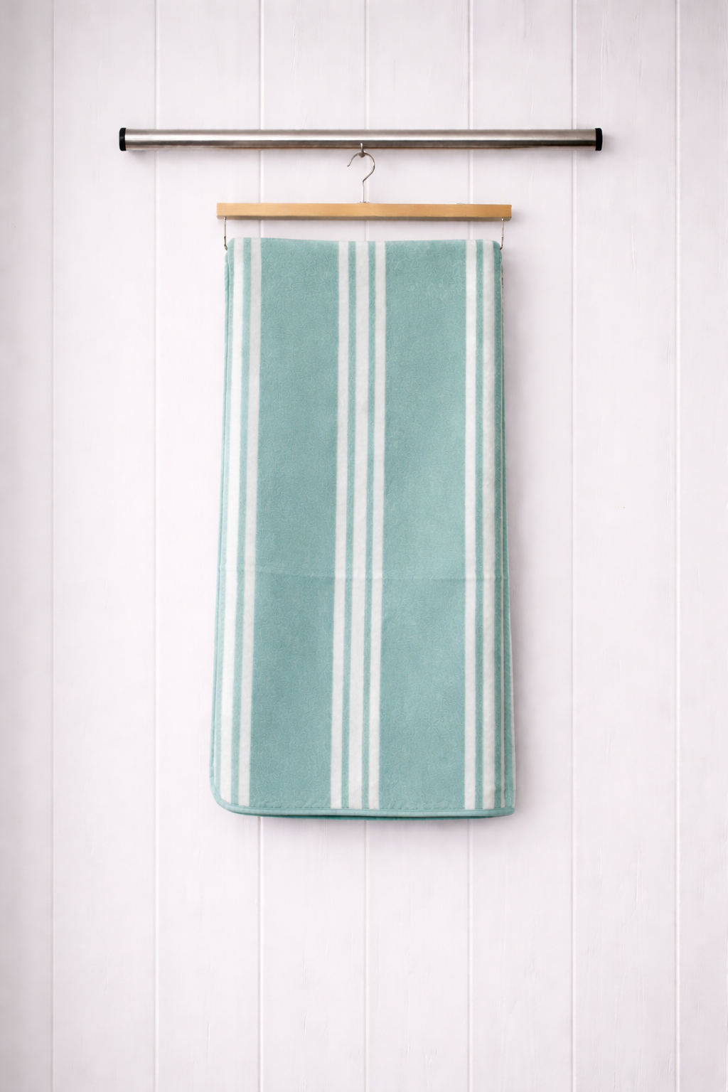 Mint teal green and white vertical stripe Vorre microfiber bath towel, highly absorbent 280 GSM bath towel.