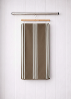 Taupe brown and white vertical stripe Vorre microfiber bath towel, durable machine washable utility towel.