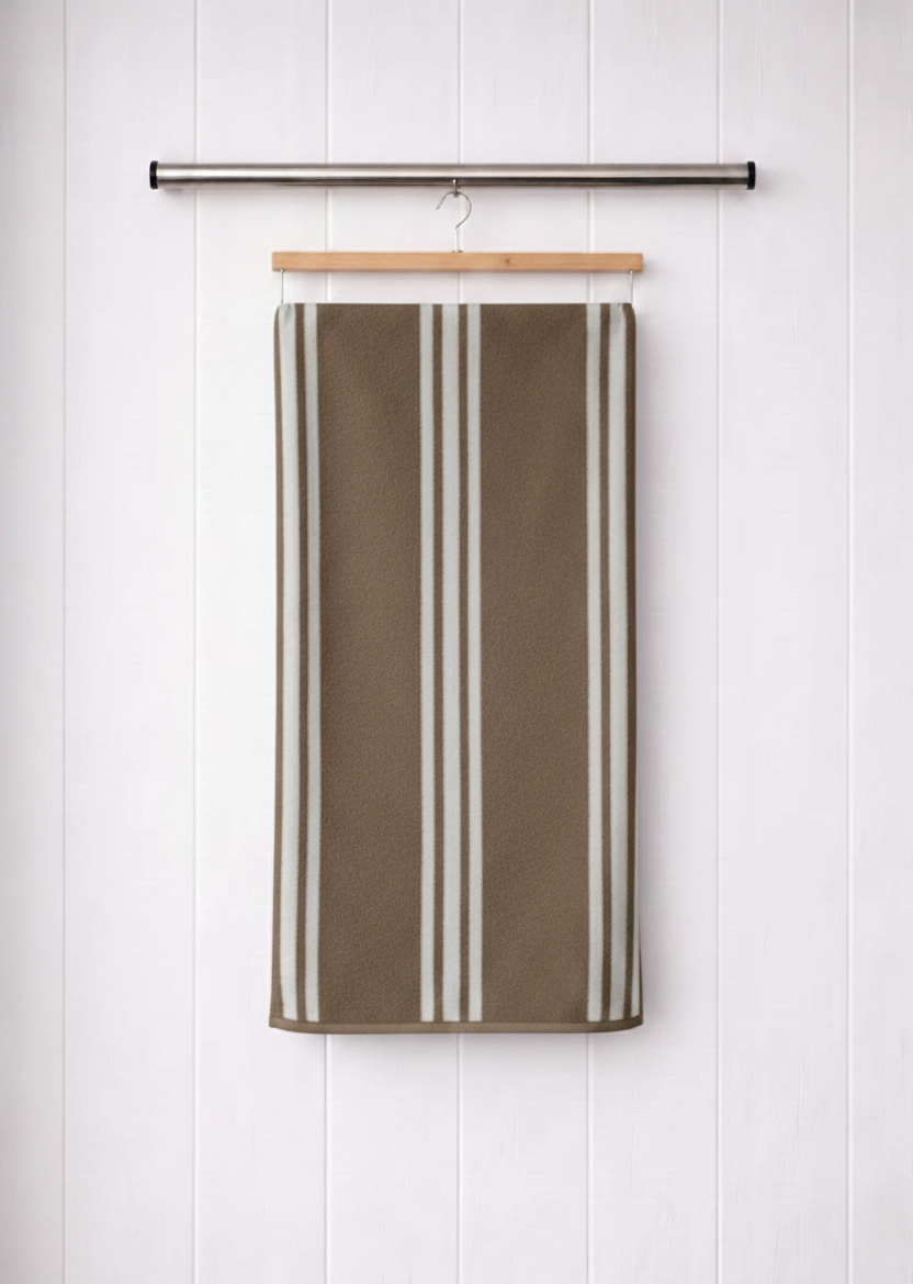 Taupe brown and white vertical stripe Vorre microfiber bath towel, durable machine washable utility towel.