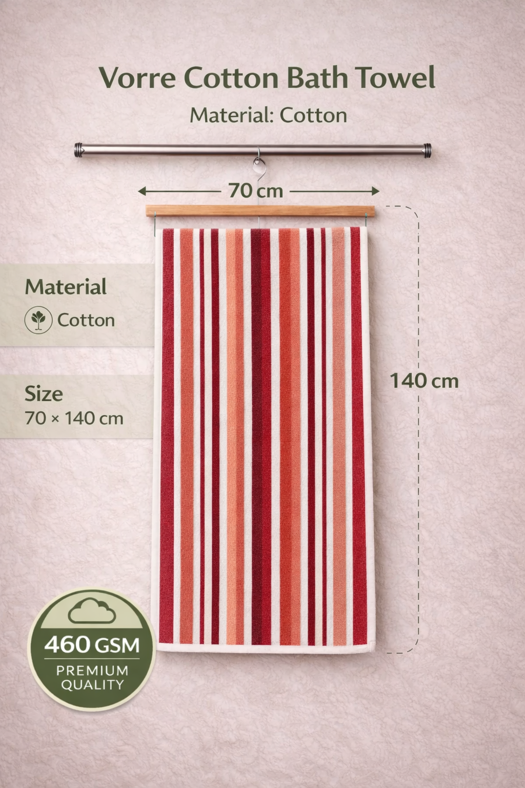 Vorre Cotton Bath Towel feature infographic showcasing a striped 460 GSM high-absorbency towel with 70x140 cm dimensions.