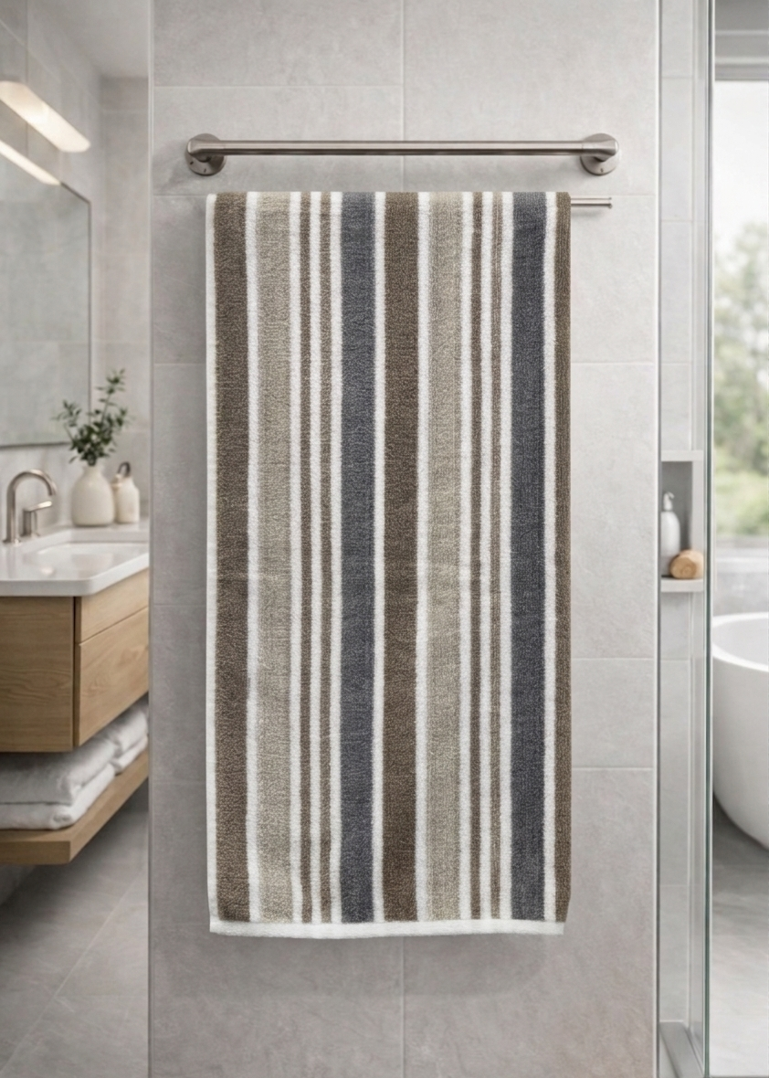 Charcoal grey, black, and white vertical striped Vorre cotton bath towel, highly absorbent daily use utility towel.