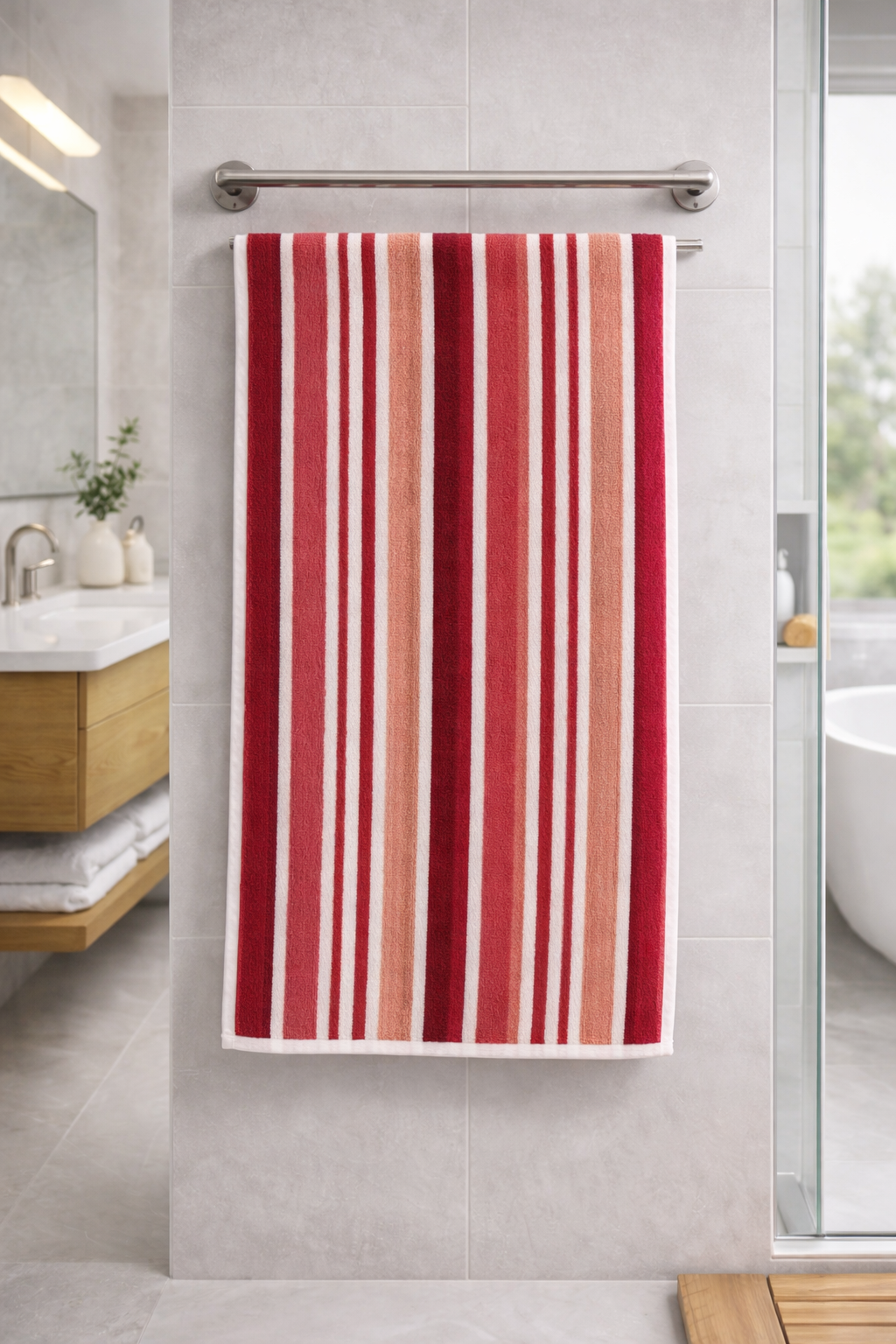 Crimson red and orange vertical striped Vorre cotton bath towel, thick high-absorbency everyday towel displayed in a bathroom.