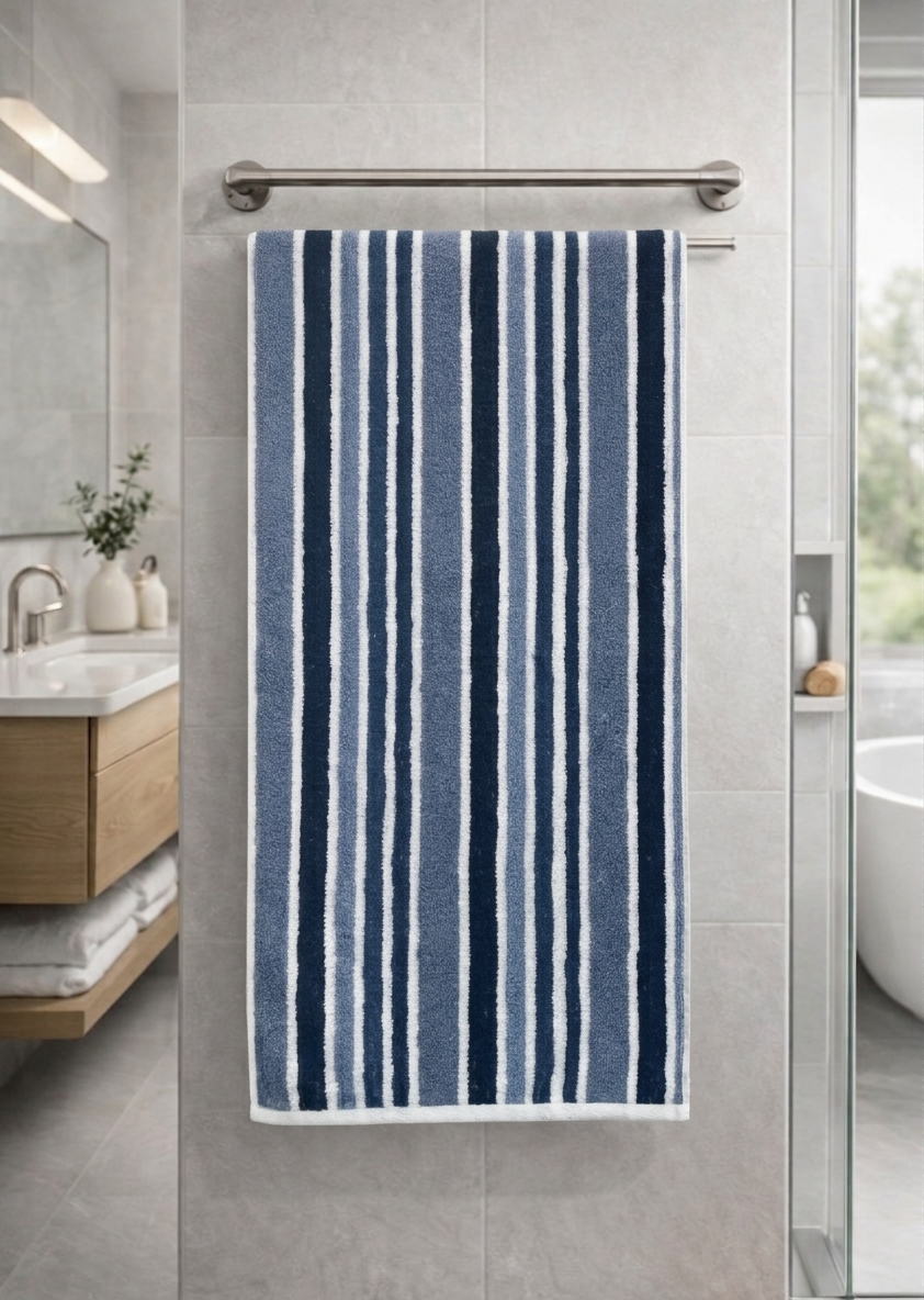 Deep navy blue and white multi-stripe Vorre cotton bath towel, 460 GSM breathable luxury towel hanging cleanly.