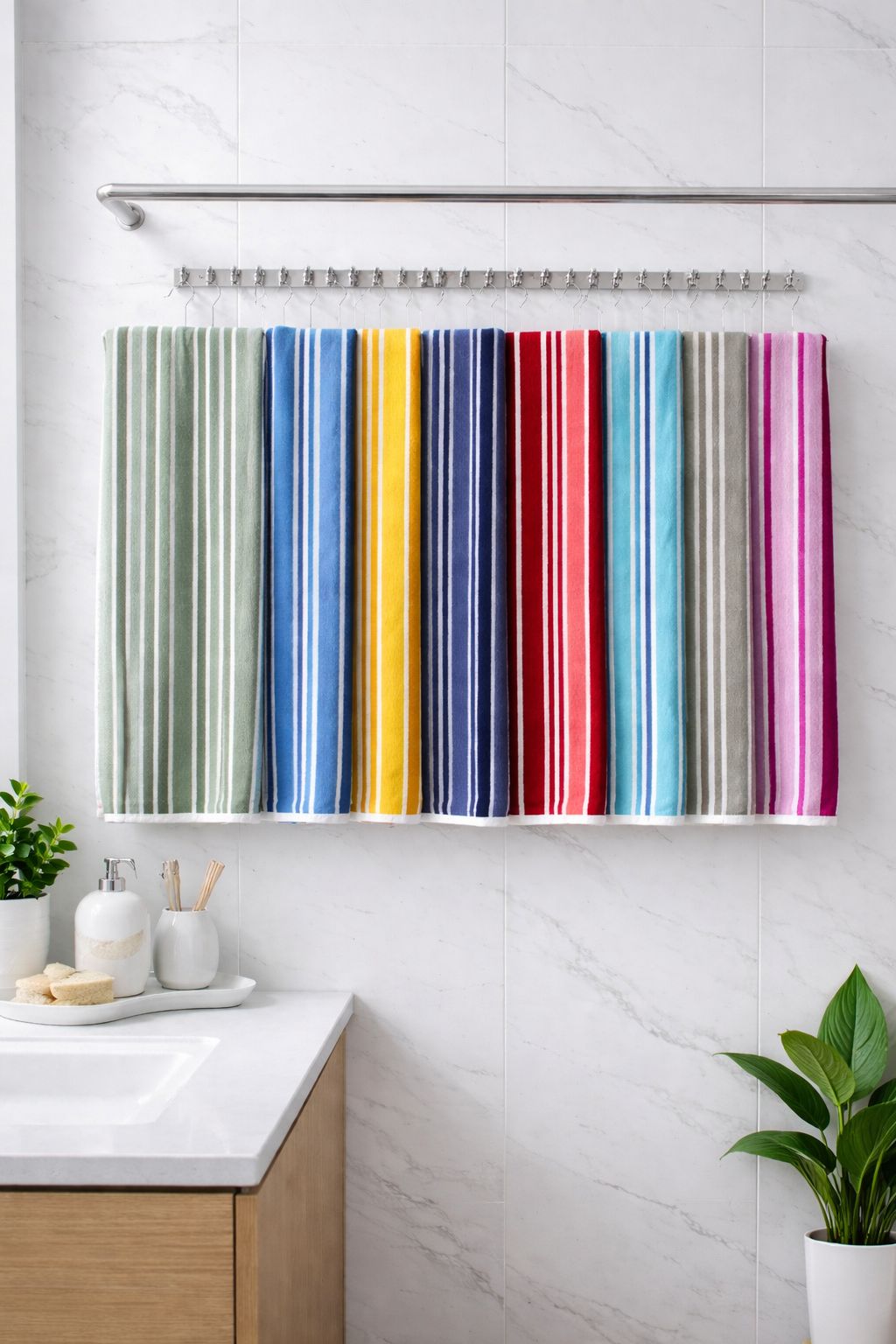 Vibrant multi-color display of Vorre striped cotton bath towels in yellow, blue, pink, and green hanging on a modern bathroom towel rack.
