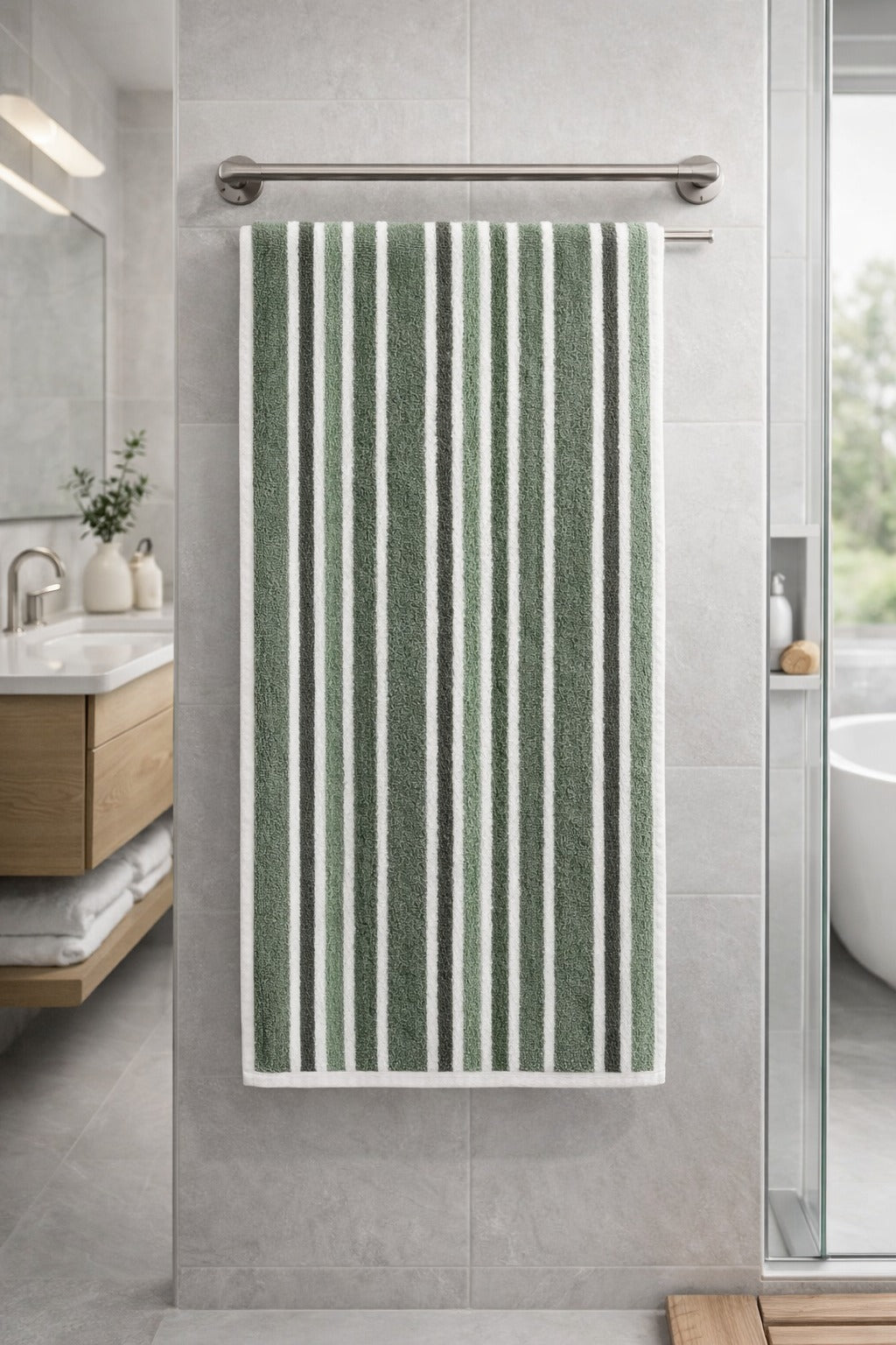 Muted sage green and white vertical striped Vorre cotton bath towel, natural luxury eco-friendly style towel hanging on a rack.