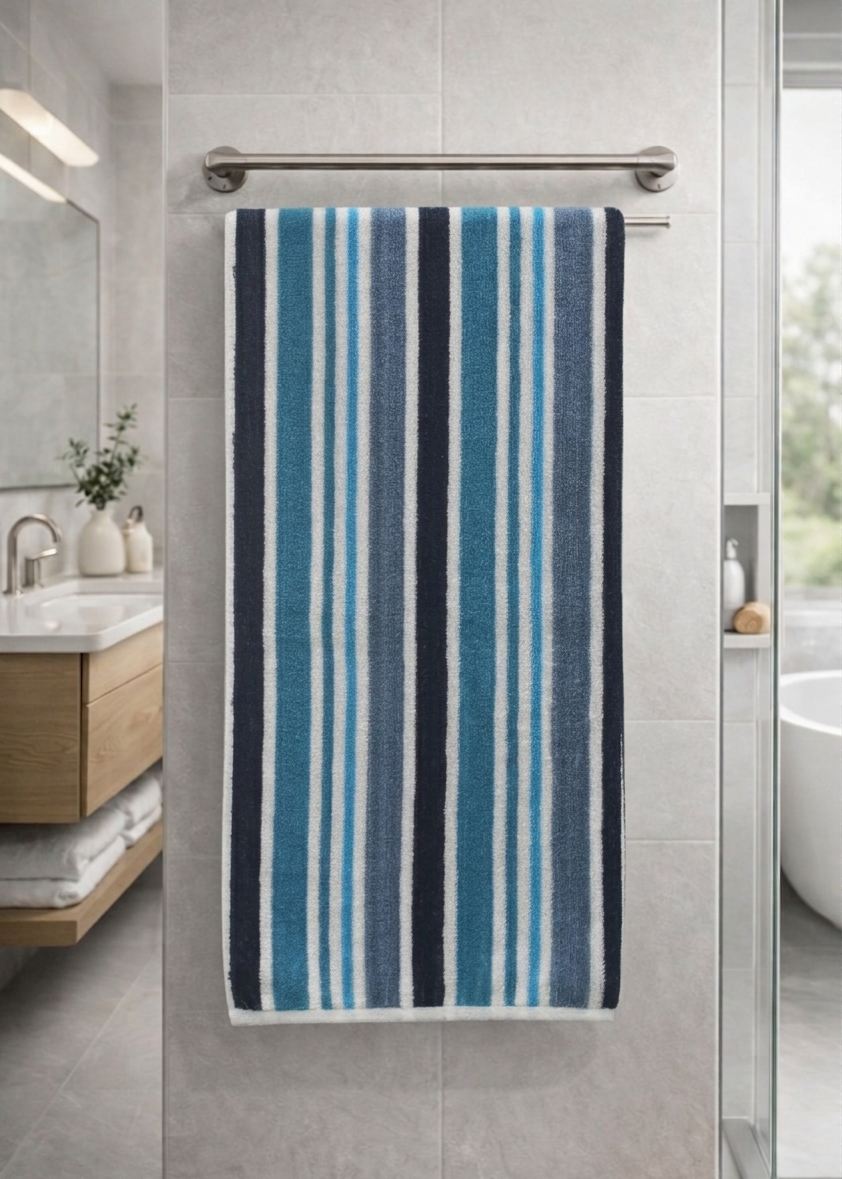 Slate blue and dark indigo vertical striped Vorre cotton bath towel, durable large 70x140 cm personal care towel.