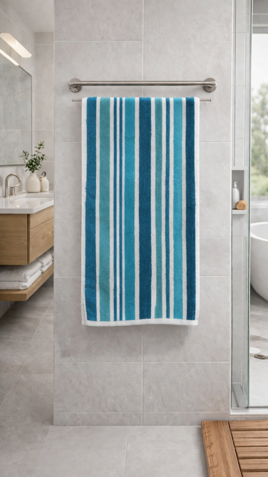 Teal aqua and cyan blue vertical striped Vorre cotton bath towel, 460 GSM premium hotel and hospitality quality towel.