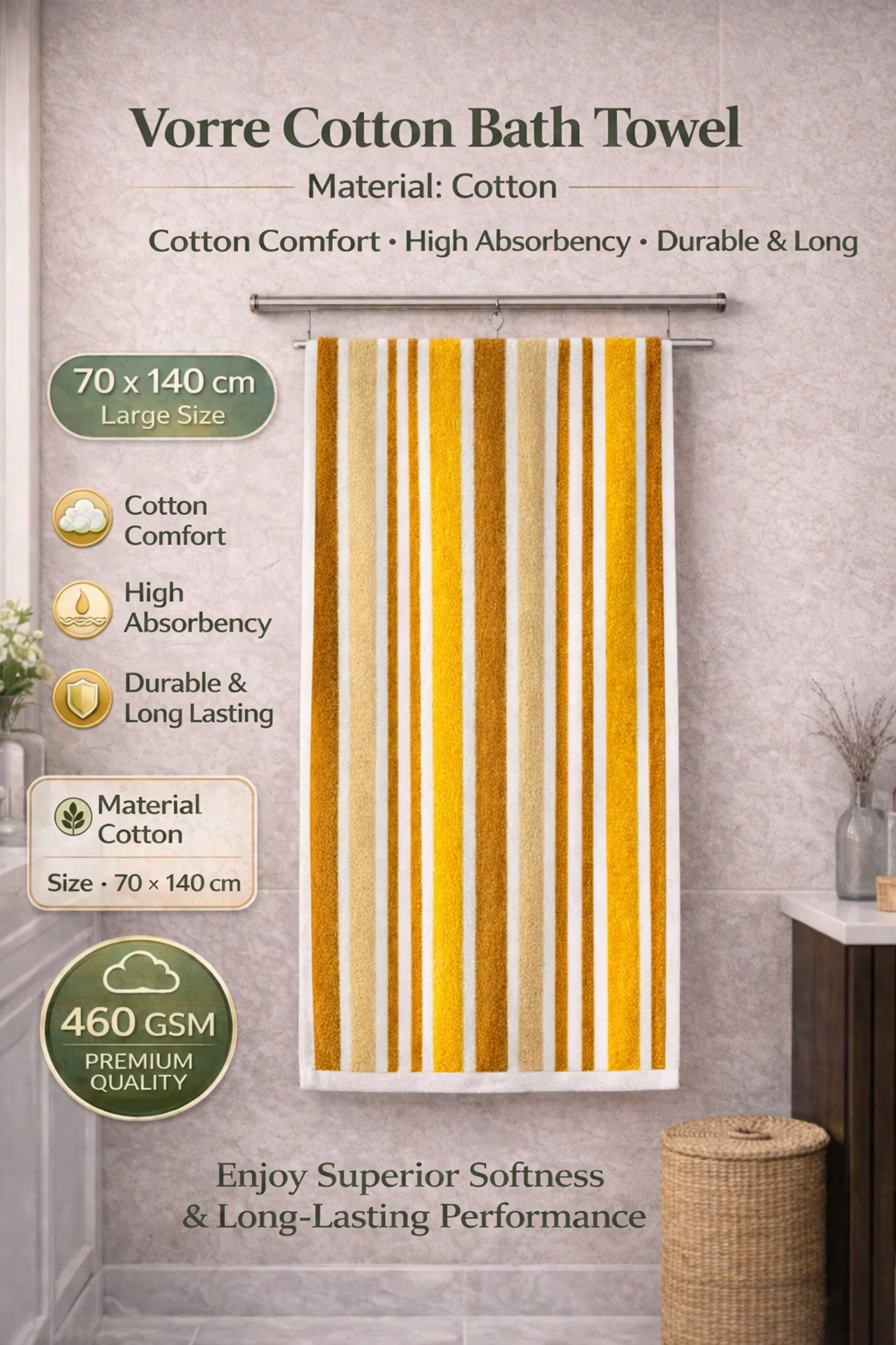 Bright yellow mustard and warm ochre brown vertical striped Vorre cotton bath towel, soft skin-friendly premium luxury towel.