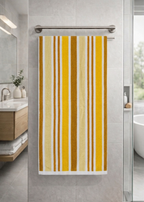 Bright yellow and warm ochre brown vertical striped Vorre cotton bath towel, soft skin-friendly premium luxury towel.