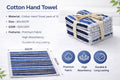 Vorre striped cotton hand towel infographic highlighting 30x30 cm size, 550 GSM weight, and 12 pack.