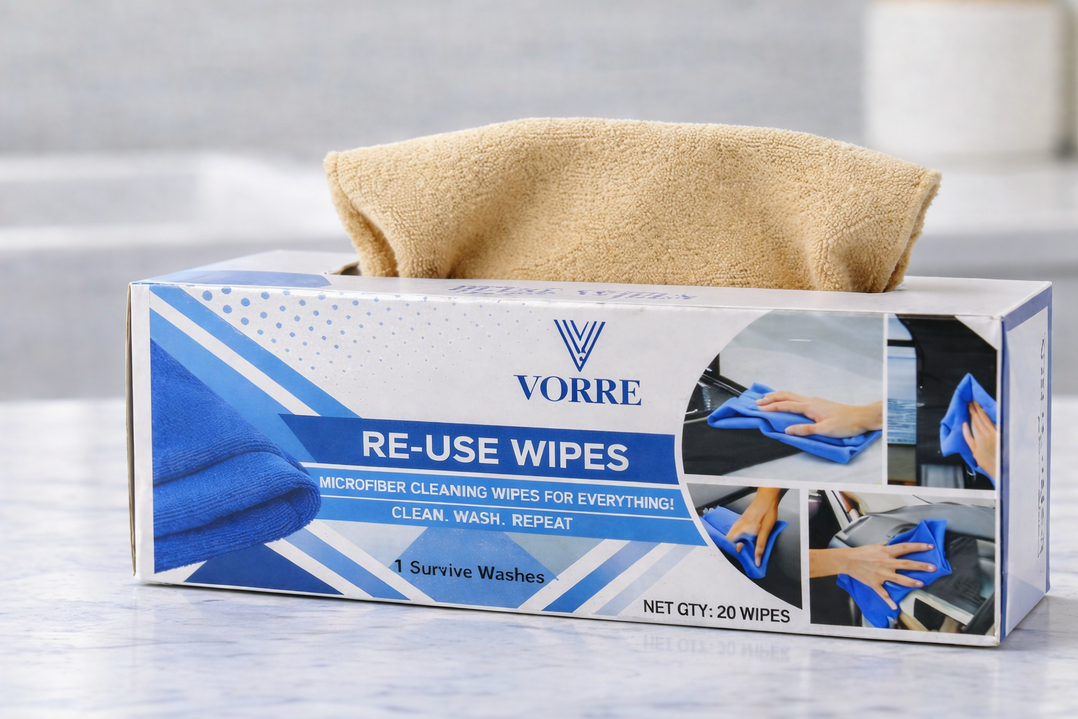 Beige tan Vorre reuse microfiber wipes, multi-purpose washable cleaning cloths for home.