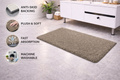 Taupe Vorre plush micro polyester bathmat with icons highlighting anti-skid base and fast absorption.