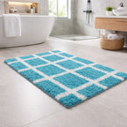 Teal aqua checkered grid pattern recycled cotton bathmat, plush 1400 GSM bathroom carpet.