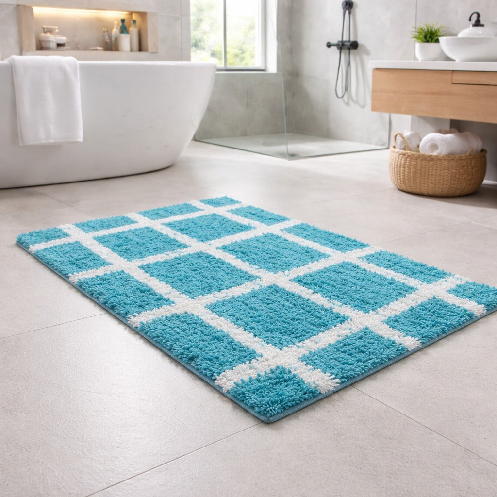 Teal aqua checkered grid pattern recycled cotton bathmat, plush 1400 GSM bathroom carpet.