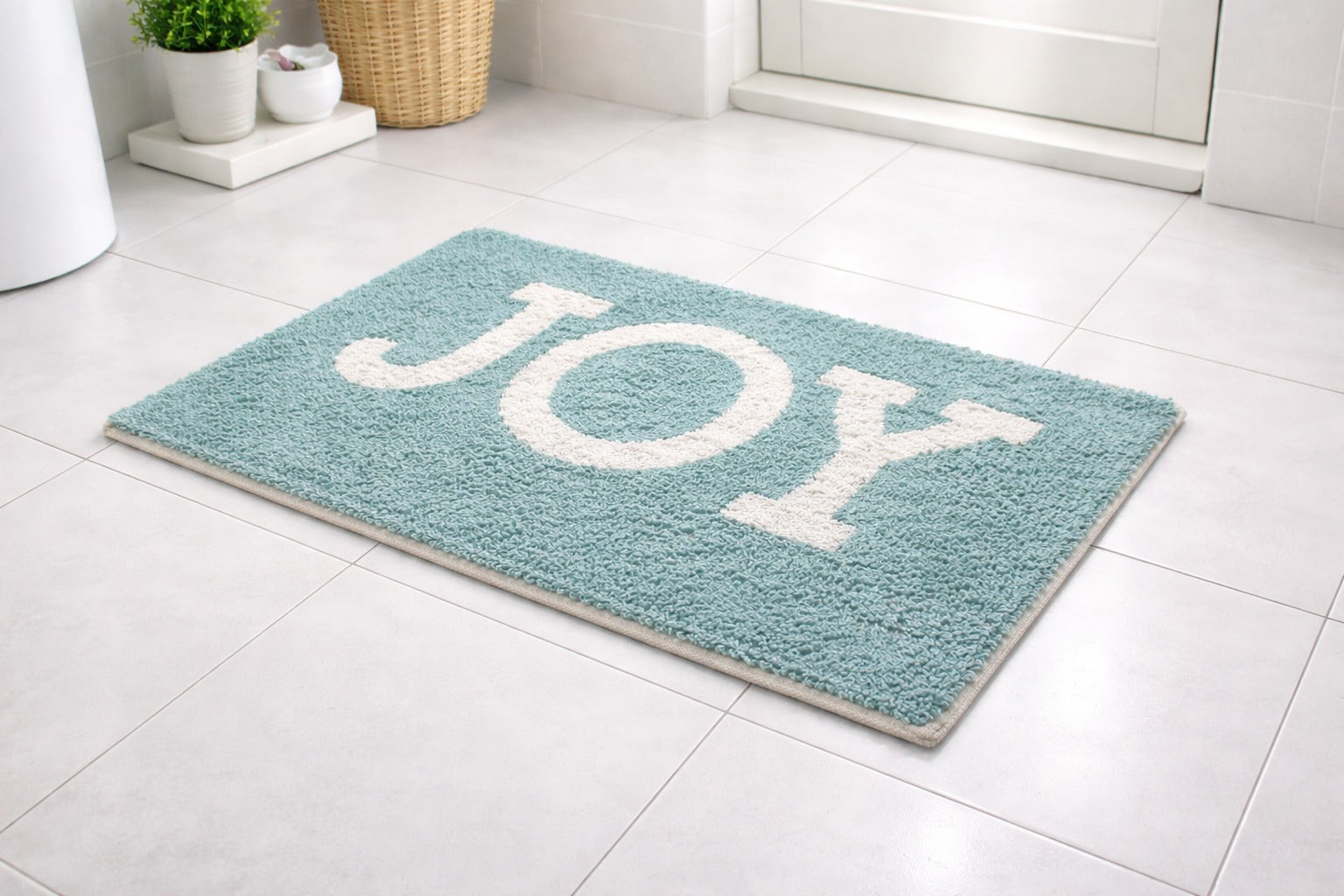 Teal aqua blue Joy text recycled cotton bathmat, plush 40x60 cm statement bathroom floor mat.