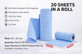 Blue microfiber towel roll infographic showing 25x25 cm size, 180 GSM, and 20 sheets per roll.