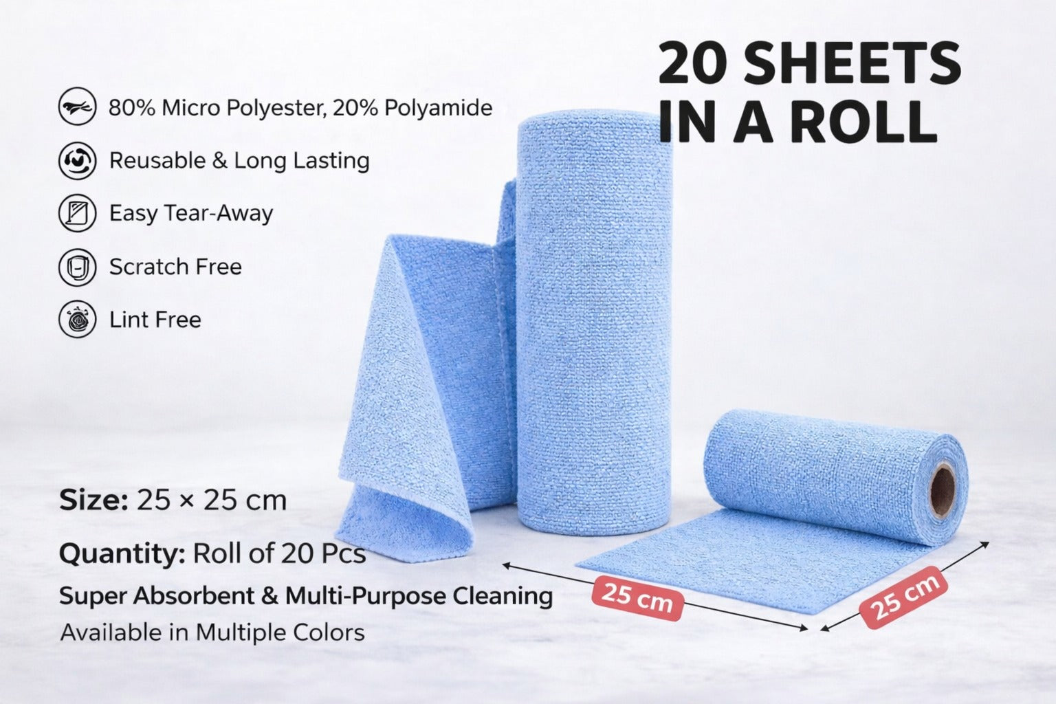 Blue microfiber towel roll infographic showing 25x25 cm size, 180 GSM, and 20 sheets per roll.