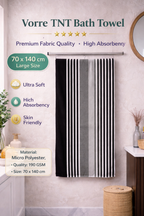 Size blueprint infographic for the black and grey striped Vorre TNT bath towel showcasing the large 70x140 cm dimensions and durable construction.
