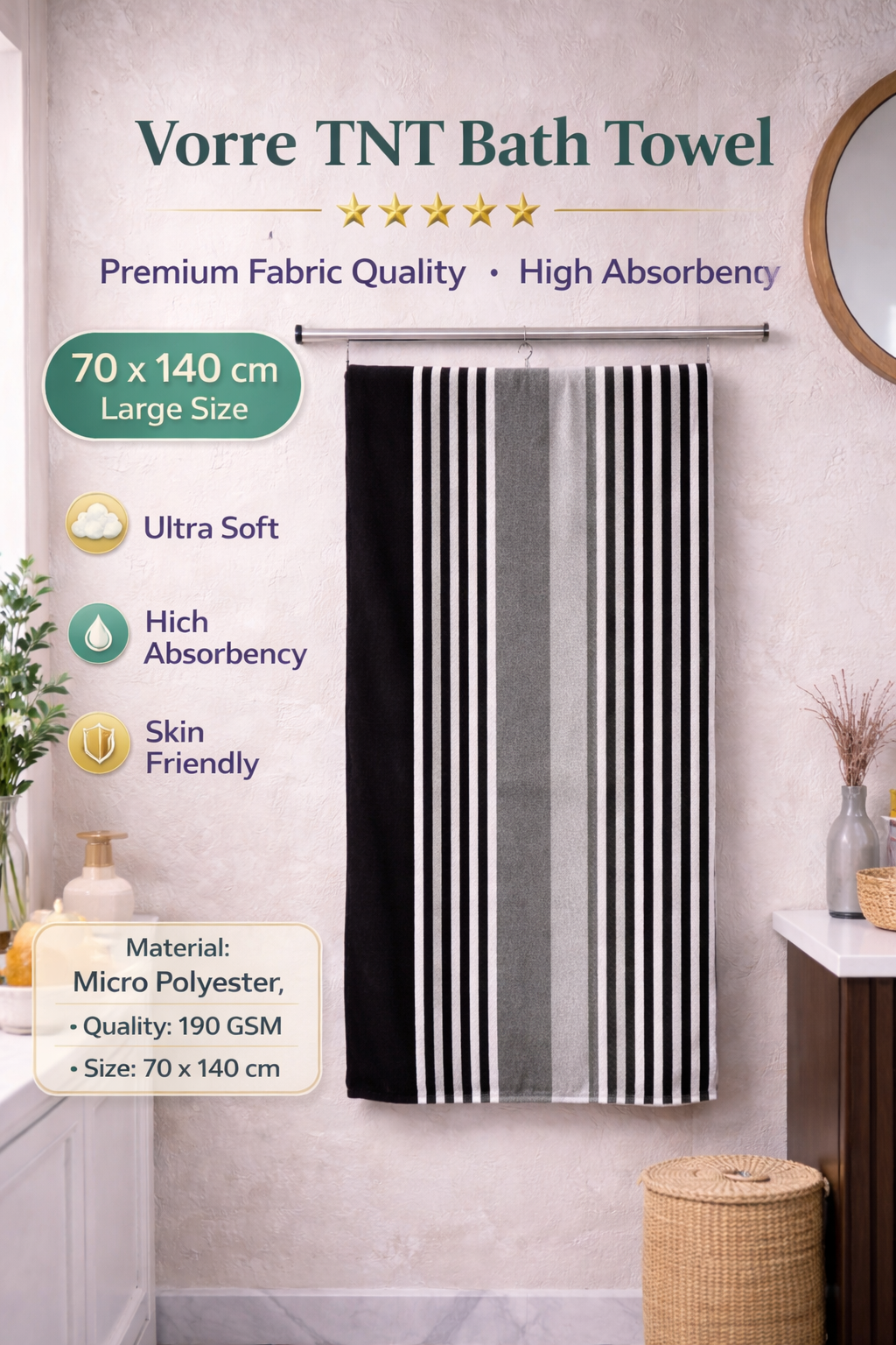 Size blueprint infographic for the black and grey striped Vorre TNT bath towel showcasing the large 70x140 cm dimensions and durable construction.