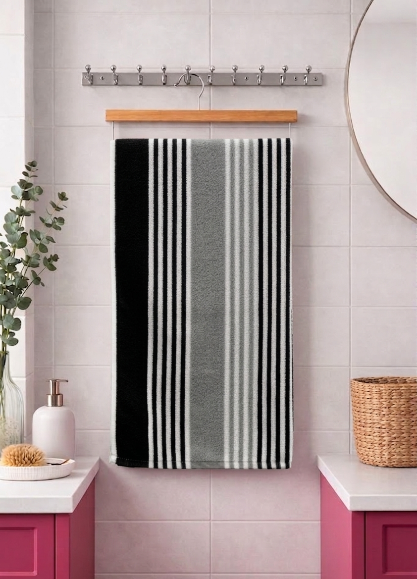 Classic black, grey, and white vertical striped Vorre TNT micro polyester bath towel, fast-drying skin-friendly body towel.