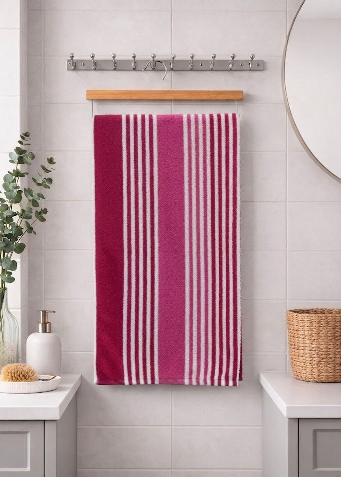 Crimson maroon, pink, and white vertical striped Vorre TNT micro polyester bath towel, lightweight 190 GSM travel and gym towel.
