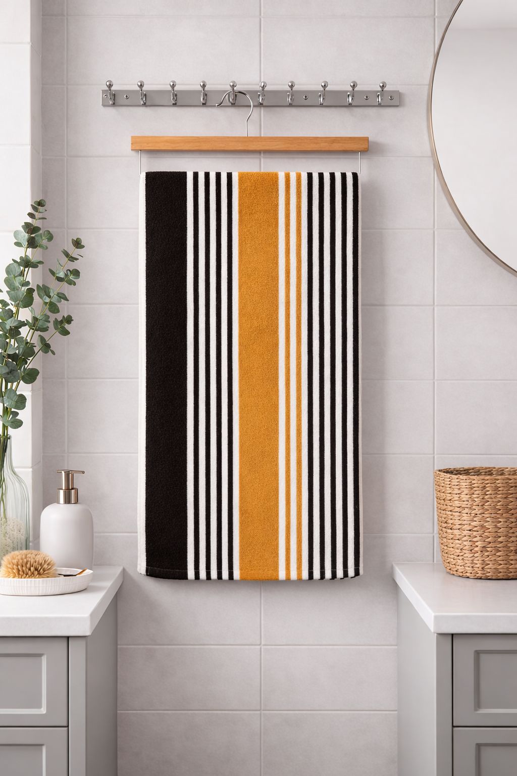 Ochre yellow, black, and white vertical striped Vorre TNT micro polyester bath towel, ultra-lightweight 190 GSM quick-dry towel hanging on a wooden rack.