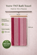 Product feature infographic for pink striped Vorre TNT bath towel highlighting ultra-lightweight 190 GSM fast drying properties and micro polyester composition.