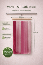 Product feature infographic for pink striped Vorre TNT bath towel highlighting ultra-lightweight 190 GSM fast drying properties and micro polyester composition.