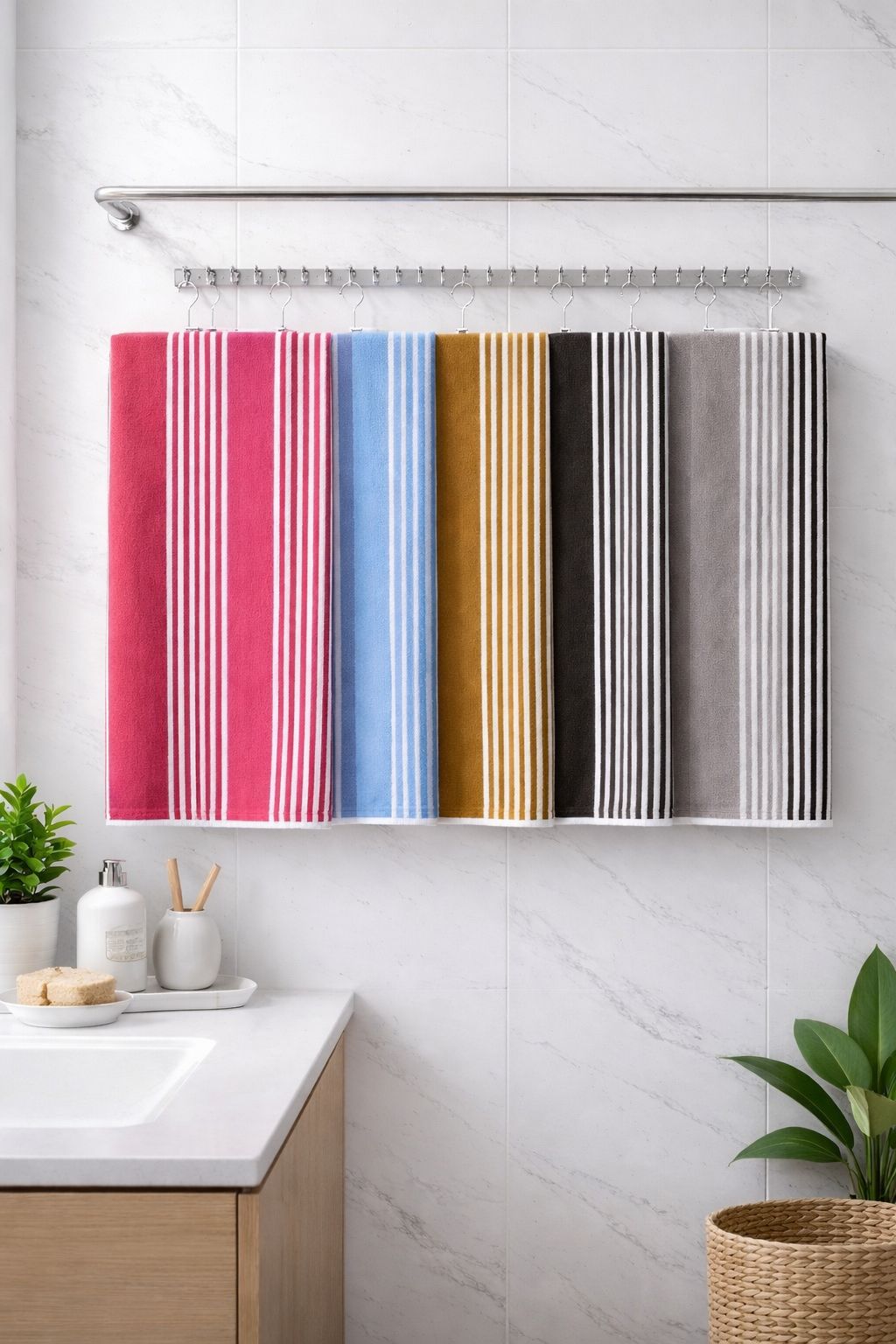 Multi-color palette display of Vorre TNT striped micro polyester bath towels showcasing pink, blue, grey, and ochre variants together.