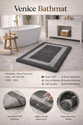 Vorre Venice bathmat infographic detailing 40x60 cm size, 1800 GSM plush surface, and non-slip backing features.