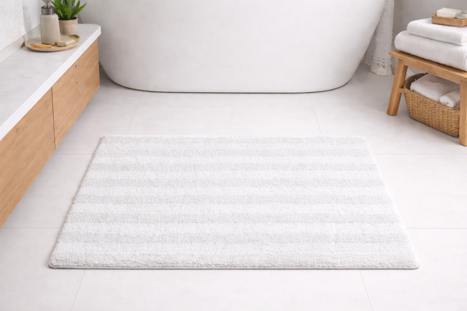 White solid stripe microfiber bathmat by Vorre, plush 2000 GSM ultra-absorbent bathroom rug.